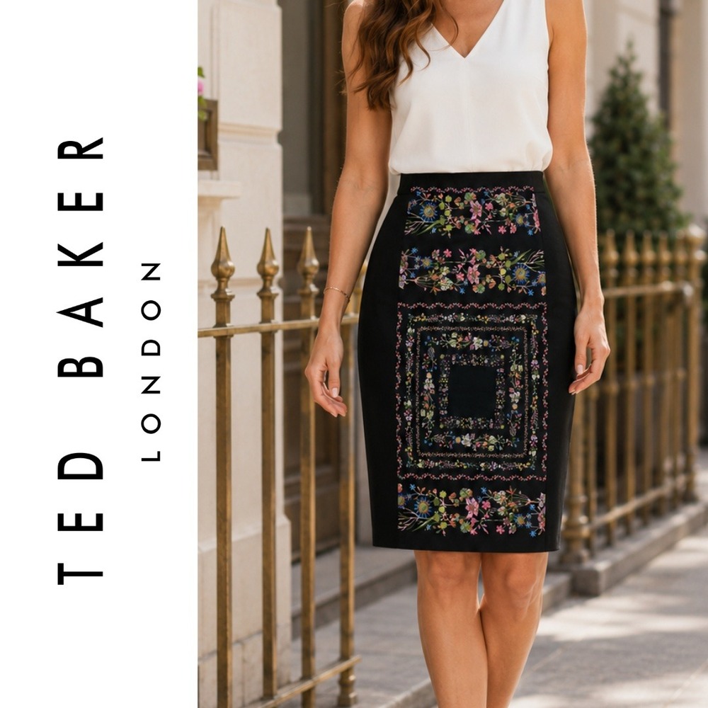 Ted Baker, Annasa Black Floral Embroidered Panel Pencil Skirt TB Size 1